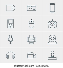 Vector Illustration Of 12 Hardware Icons. Editable Pack Of Headset, Photography, Smartphone And Other Elements.