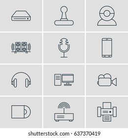 Vector Illustration Of 12 Hardware Icons. Editable Pack Of Memory Storage, PC, Headset And Other Elements.