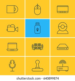 Vector Illustration Of 12 Hardware Icons. Editable Pack Of Computer, Memory Storage, Cursor Controller And Other Elements.