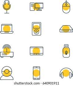 Vector Illustration Of 12 Hardware Icons. Editable Pack Of Headset, Video Chat, Monitor And Other Elements.