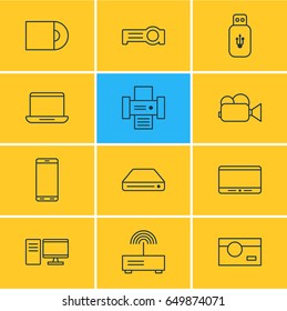 Vector Illustration Of 12 Hardware Icons. Editable Pack Of Smartphone, Photography, PC And Other Elements.