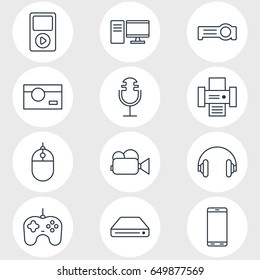 Vector Illustration Of 12 Hardware Icons. Editable Pack Of Smartphone, Media Controller, Sound Recording And Other Elements.