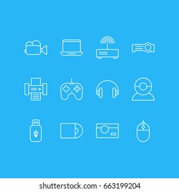 Vector Illustration Of 12 Hardware Icons. Editable Pack Of Floodlight, Headset, Modem And Other Elements.