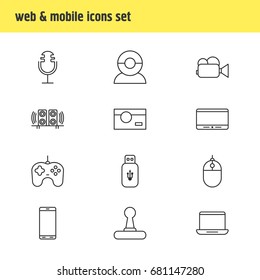 Vector Illustration Of 12 Hardware Icons. Editable Pack Of Game Controller, Photography, Joypad And Other Elements.