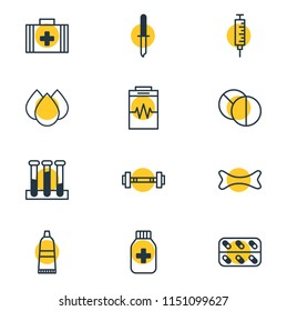Vector illustration of 12 health icons line style. Editable set of capsule, drug container, drip and other icon elements.