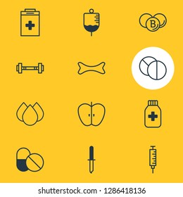 Vector illustration of 12 health icons line style. Editable set of drug, vitamins, bone and other icon elements.