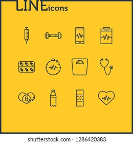Vector illustration of 12 health icons line style. Editable set of heart with cardiogram, timer, stethoscope and other icon elements.