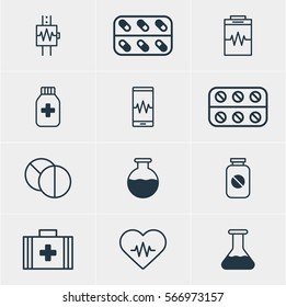 Vector Illustration Of 12 Health Icons. Editable Pack Of Round Tablet, Vial, Medical Bag And Other Elements.