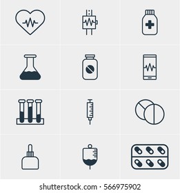 Vector Illustration Of 12 Health Icons. Editable Pack Of Flask, Medicament Pitcher, Heartbeat And Other Elements.