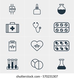 Vector Illustration Of 12 Health Icons. Editable Pack Of Treatment, Round Tablet, Flask And Other Elements.