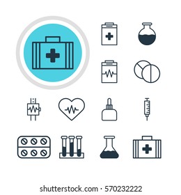 Vector Illustration Of 12 Health Icons. Editable Pack Of Heartbeat, Medicament Pitcher, Vaccinator And Other Elements.