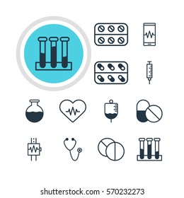 Vector Illustration Of 12 Health Icons. Editable Pack Of Antibody, Experiment Flask, Round Tablet And Other Elements.