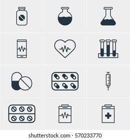 Vector Illustration Of 12 Health Icons. Editable Pack Of Treatment, Flask, Phone Monitor And Other Elements.