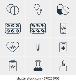 Vector Illustration Of 12 Health Icons. Editable Pack Of Heart Rhythm, Antibiotic, Medicament Pitcher And Other Elements.