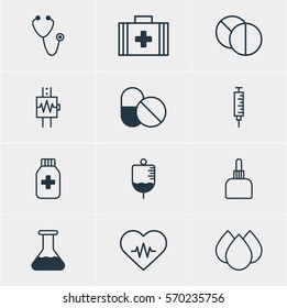Vector Illustration Of 12 Health Icons. Editable Pack Of Trickle, Medical Bag, Heartbeat And Other Elements.
