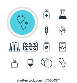 Vector Illustration Of 12 Health Icons. Editable Pack Of Vaccinator, Medicament Pitcher, Antibody And Other Elements.