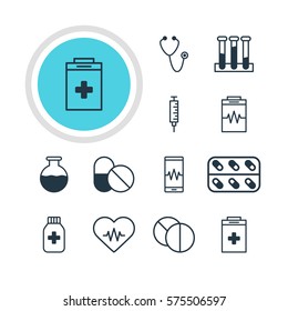 Vector Illustration Of 12 Health Icons. Editable Pack Of Pulse, Antibiotic, Vaccinator And Other Elements.