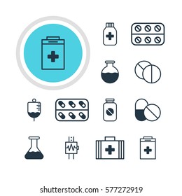 Vector Illustration Of 12 Health Icons. Editable Pack Of Antibody, Flask, Aspirin And Other Elements.