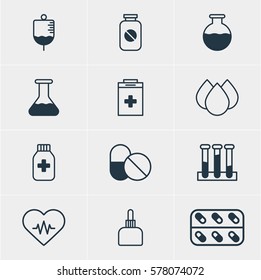 Vector Illustration Of 12 Health Icons. Editable Pack Of Experiment Flask, Heart Rhythm, Medicament Pitcher And Other Elements.
