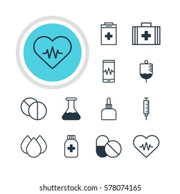 Vector Illustration Of 12 Health Icons. Editable Pack Of Medicine Jar, Round Tablet, Heart Rhythm And Other Elements.