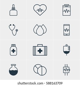 Vector Illustration Of 12 Health Icons. Editable Pack Of Phone Monitor, Pulse, Medical Bag And Other Elements.