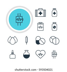 Vector Illustration Of 12 Health Icons. Editable Pack Of Round Tablet, Trickle, Treatment And Other Elements.