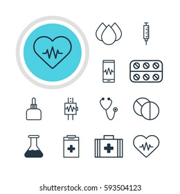 Vector Illustration Of 12 Health Icons. Editable Pack Of Heart Rhythm, Phone Monitor, Flask And Other Elements.