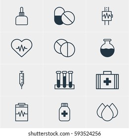 Vector Illustration Of 12 Health Icons. Editable Pack Of Antibiotic, Round Tablet, Heart Rhythm And Other Elements.