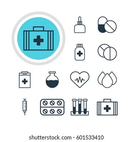 Vector Illustration Of 12 Health Icons. Editable Pack Of Experiment Flask, Vaccinator, Heart Rhythm And Other Elements.