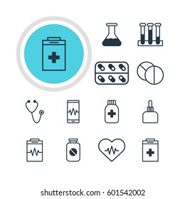 Vector Illustration Of 12 Health Icons. Editable Pack Of Medicine Jar, Exigency, Experiment Flask And Other Elements.