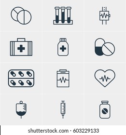 Vector Illustration Of 12 Health Icons. Editable Pack Of Experiment Flask, Treatment, Aspirin And Other Elements.