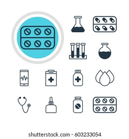 Vector Illustration Of 12 Health Icons. Editable Pack Of Medicine Jar, Medicament Pitcher, Phone Monitor And Other Elements.