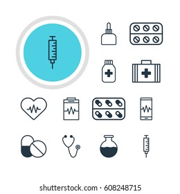 Vector Illustration Of 12 Health Icons. Editable Pack Of Vial, Medicament Pitcher, Pulse And Other Elements.