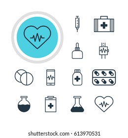 Vector Illustration Of 12 Health Icons. Editable Pack Of Medicament Pitcher, Phone Monitor, Medical Bag And Other Elements.