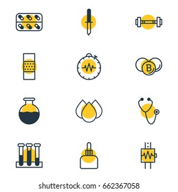 Vector Illustration Of 12 Health Icons. Editable Pack Of Painkiller, Vial, Heartbeat And Other Elements.