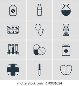 Vector Illustration Of 12 Health Icons. Editable Pack Of Experiment Flask, Fresh Fruit, Aspirin And Other Elements.