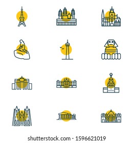 Vector illustration of 12 history icons line style. Editable set of cathedral, acropolis, st peter basilica and other icon elements.
