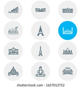 Ilustración vectorial del estilo de línea de 12 iconos de historial. Conjunto editable de torre de eiffel, castillo de parabrisas, taj mahal y otros elementos de icono.