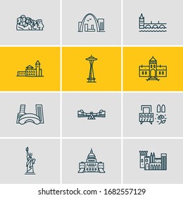 Vector illustration of 12 history icons line style. Editable set of castle, auschwitz, mount rushmore and other icon elements.