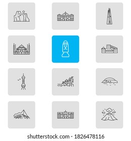 Vector illustration of 12 history icons line style. Editable set of santorini, newgrange, the shard and other icon elements.