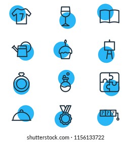 Vector illustration of 12 hobby icons line style. Editable set of wineglass, puzzle, ring and other icon elements.