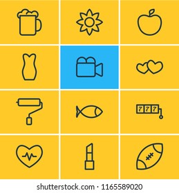 Vector illustration of 12 hobby icons line style. Editable set of evening dress, flower, rugby and other icon elements.