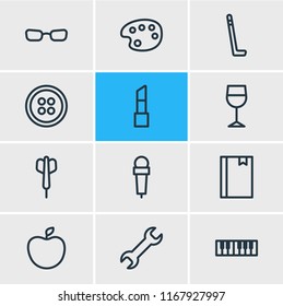 Vector illustration of 12 hobby icons line style. Editable set of mic, hockey, button and other icon elements.