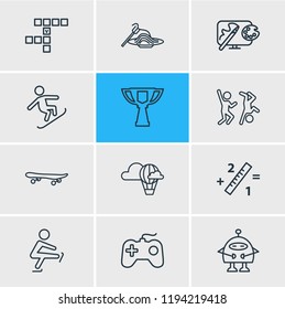Vector illustration of 12 hobby icons line style. Editable set of design, skateboard, math and other icon elements.
