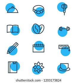 Vector illustration of 12 hobby icons line style. Editable set of tea, accessory, barbell and other icon elements.