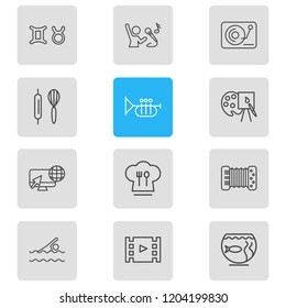 Vector illustration of 12 hobby icons line style. Editable set of baking, swimming, internet surfing and other icon elements.