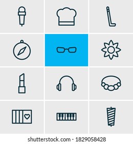 Vector illustration of 12 hobby icons line style. Editable set of card, sewing, piano and other icon elements.