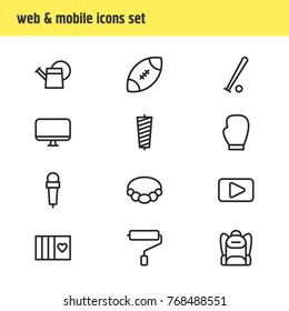 Vector Illustration Of 12 Hobby Outline Icons. Editable Set Of Microphone, Necklace, American Football And Other Elements.