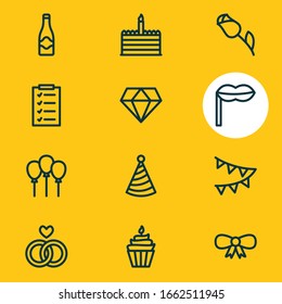 Vector illustration of 12 holiday icons line style. Editable set of list, mask, cupcake and other icon elements.