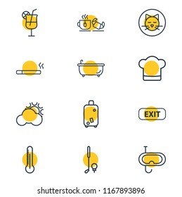 Vector illustration of 12 hotel icons line style. Editable set of snorkeling, bathtub, smoking and other icon elements.